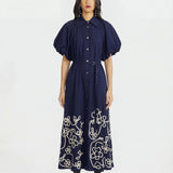 Simone Embroidered Dress - Navy